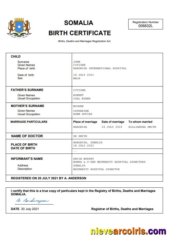 Somalia birth certificate